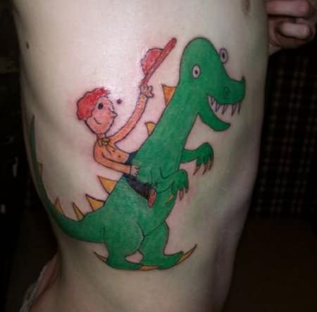 Man Rib Side Cartoon Dinosaur Tattoo