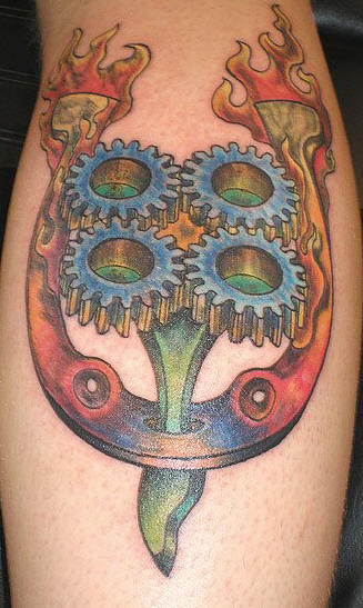 Mechanical Flaming Horseshoe Tattoo On Back Leg