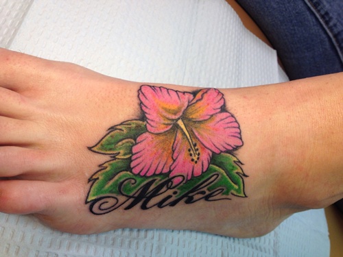Mike - Pink Ink Hibiscus Flower Tattoo On Foot
