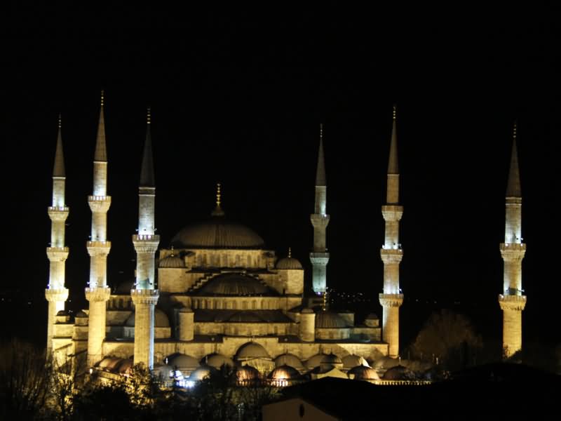 Minarets Of The Blue Mosque Lit Up At Night
