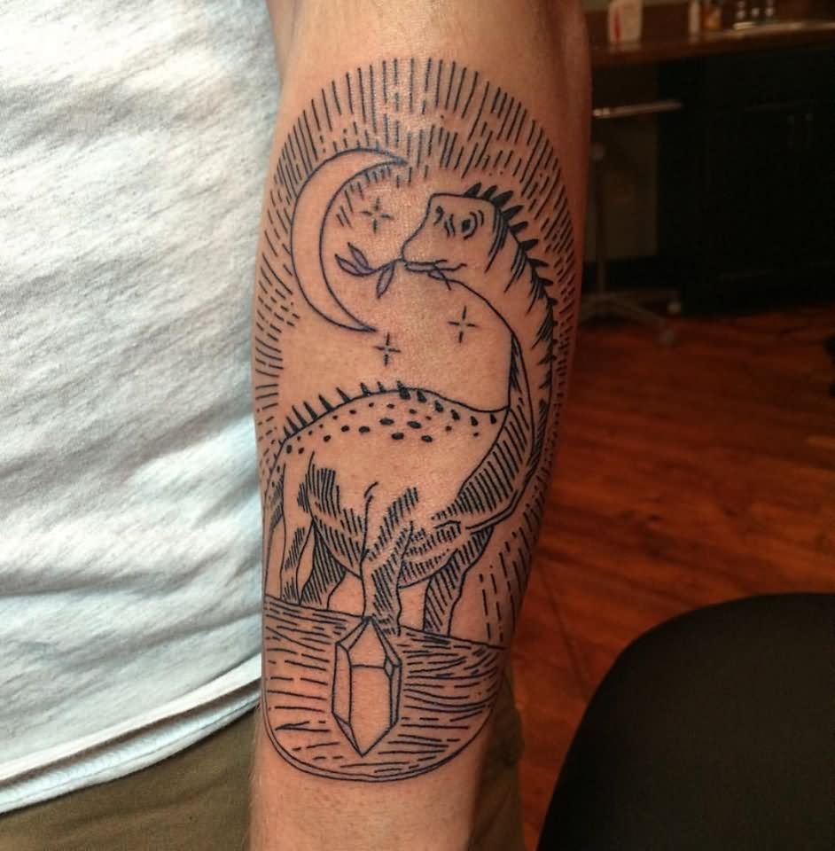 Moon And Dinosaur Tattoo On Left Arm