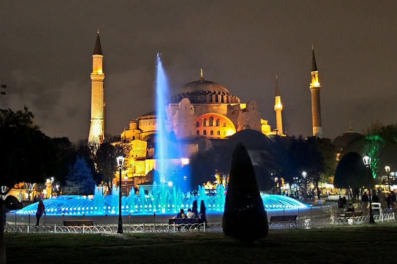 Multicolored Fountain In Front Of Hagia Sophia At Night