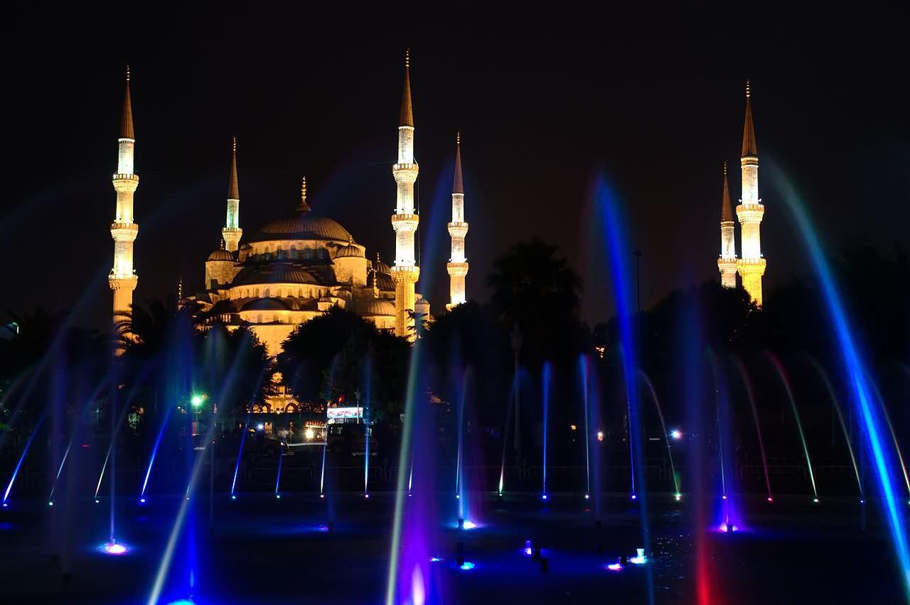 Musical Fountains In Front Of Blue Mosque Night View