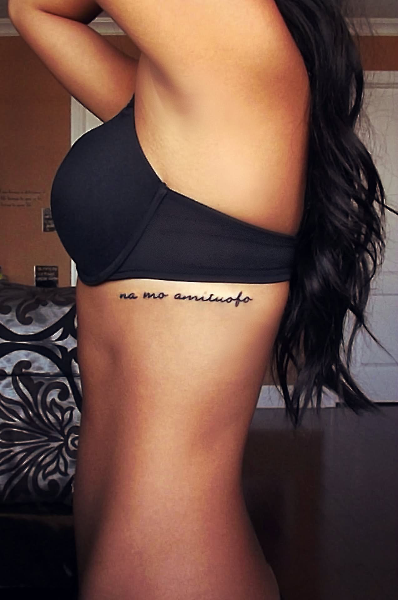 Na Mo Amituofo Lettering Tattoo On Girl Left Side Rib