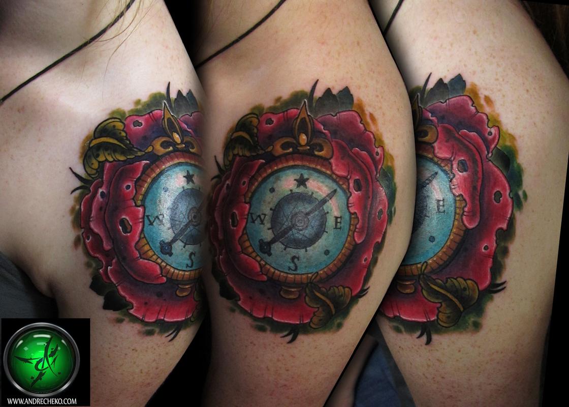 Nautical Compass And Poppy Flower Tattoo On Shoulder Cap