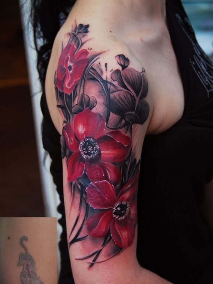 Nice Flowers Tattoo On Right Half Sleeve