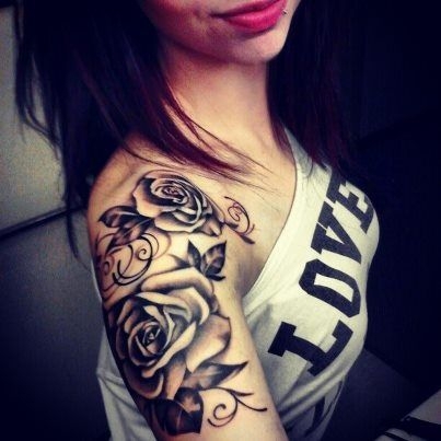 Nice Grey Flower Tattoo On Girl Right Shoulder Tattoo