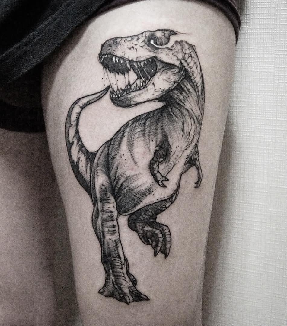 Nice Grey Ink Dinosaur Tattoo On Thigh