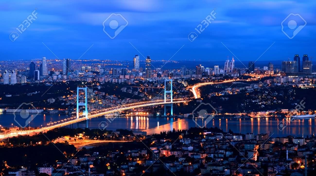 Night Lights On The Bosphorus Bridge In Istanbul