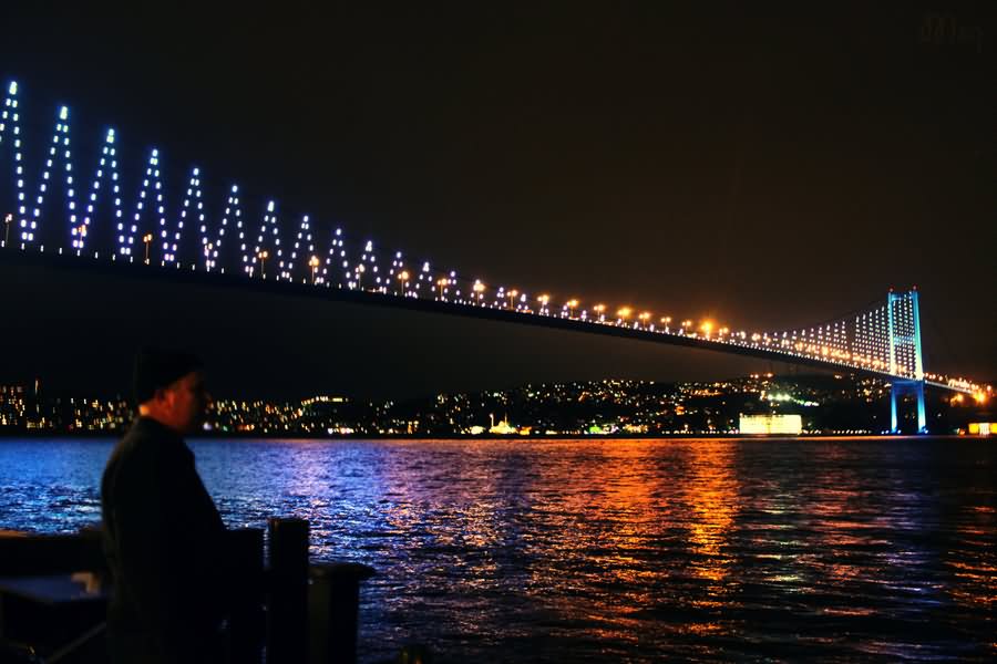 Night Picture Of The Bosphorus Bridge In Istanbul, Turkey