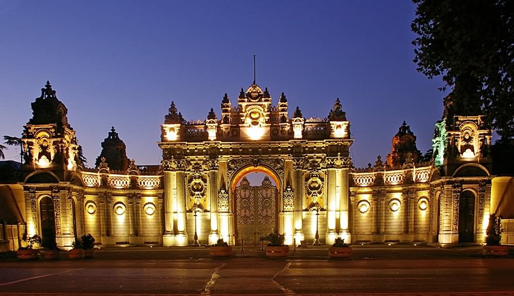 Night View Of The Gate Of The Dolmabahce Palace