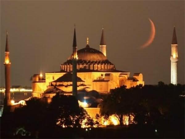 Night View Of The Hagia Sophia With Half Moon