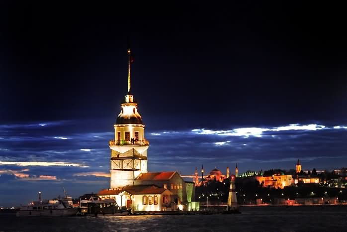 Night View Of The Maiden's Tower In Istanbul