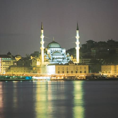 Night View Of The Yeni Cami Mosque View Across The Bosphorus River