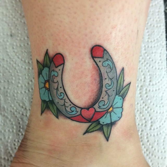 Old School Flower And Horseshoe Tattoo On Ankle