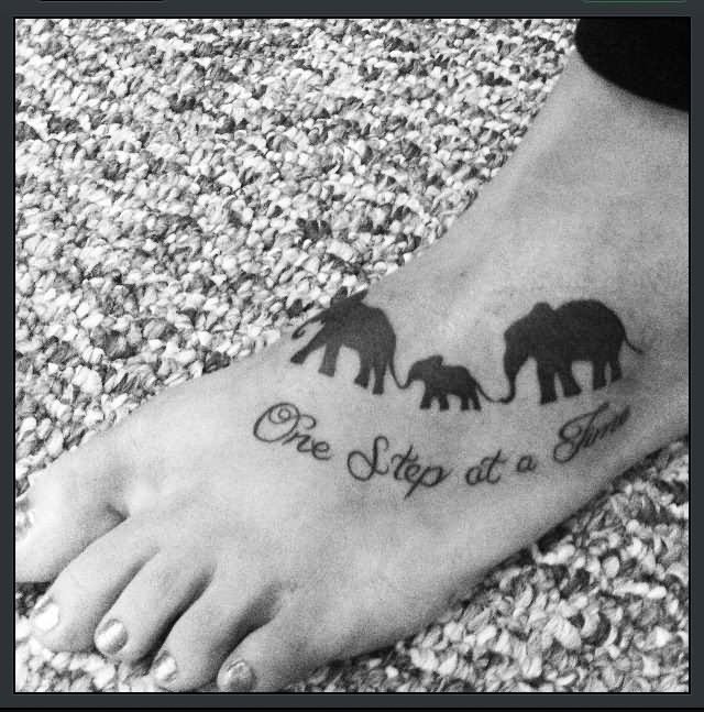 One Step At A Time - Silhouette Elephant Family Tattoo On Girl Foot
