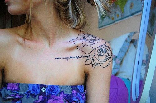 Outline Rose Flowers And Quote Tattoo On Shoulder