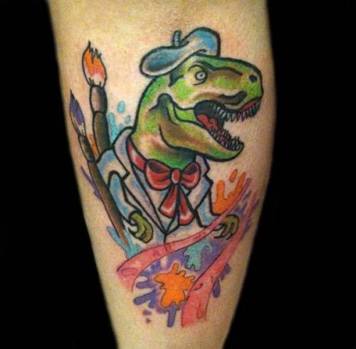 Painter Dinosaur Tattoo On Leg