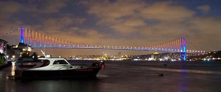 Panorama View Of The Bosphorus Bridge At Night