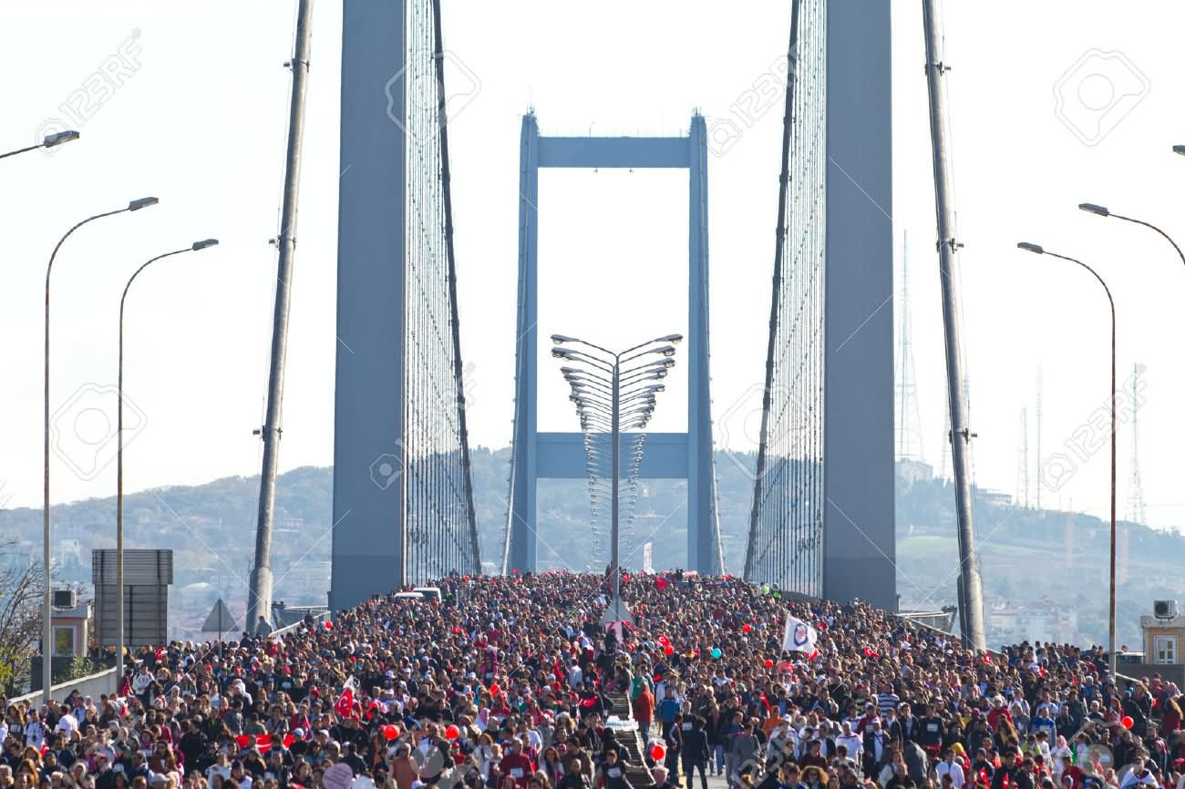 People Are Crossing The Bosphorus Bridge From Asia To Europe During 35th Istanbul Eurasia Marathon