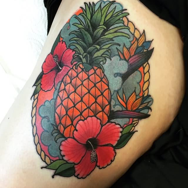 Pineapple With Hibiscus Flowers Tattoo Design For Thigh