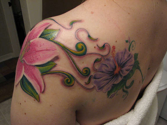 Pink And Purple Two Hibiscus Flowers Tattoo On Left Back Shoulder