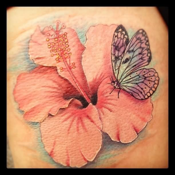 Pink Hibiscus Flower With Butterfly Tattoo Design