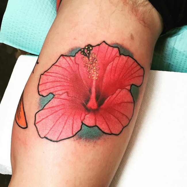 Pink Ink Hibiscus Flower Tattoo Design For Bicep