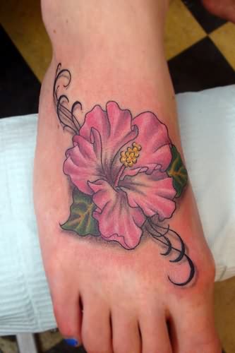 Pink Ink Hibiscus Flower Tattoo On Girl Right Foot