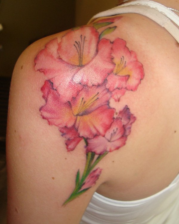 Pink Ink Hibiscus Flowers Tattoo On Left Back Shoulder