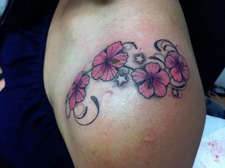 Pink Ink Hibiscus Flowers With Stars Tattoo Design For Shoulder