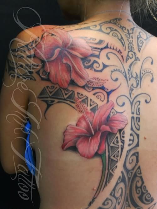 Pink Ink Hibiscus Flowers With Tribal Design Tattoo On Full Back