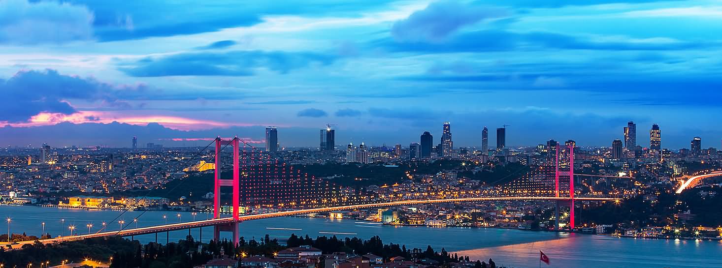 Pink Lights On The Bosphorus Bridge In Istanbul