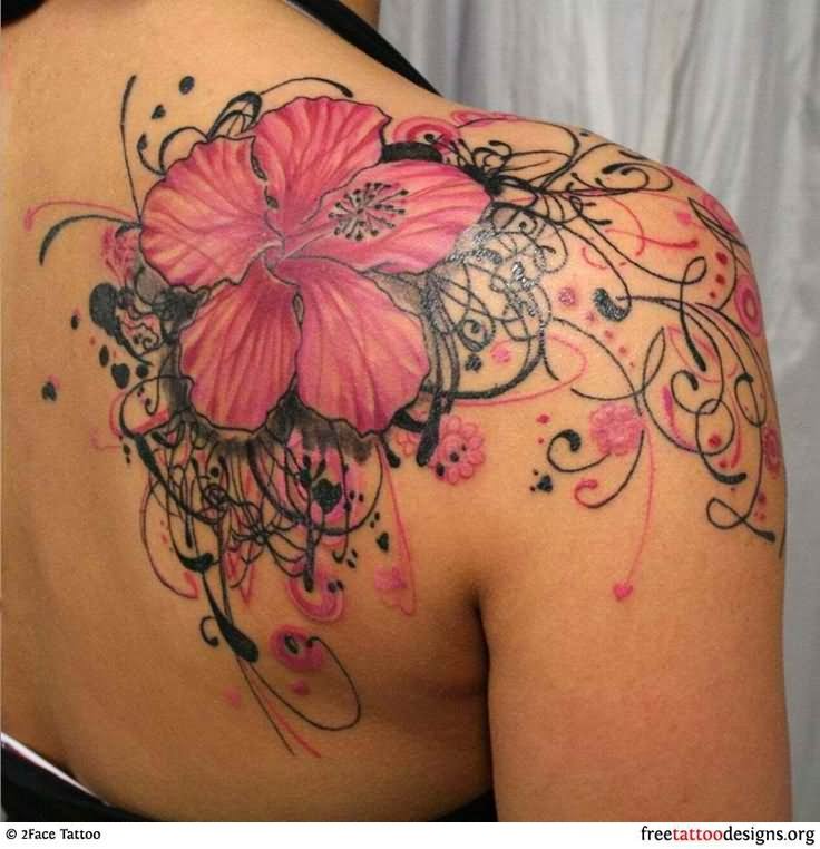Pink Lily Flower Tattoo On Back Shoulder