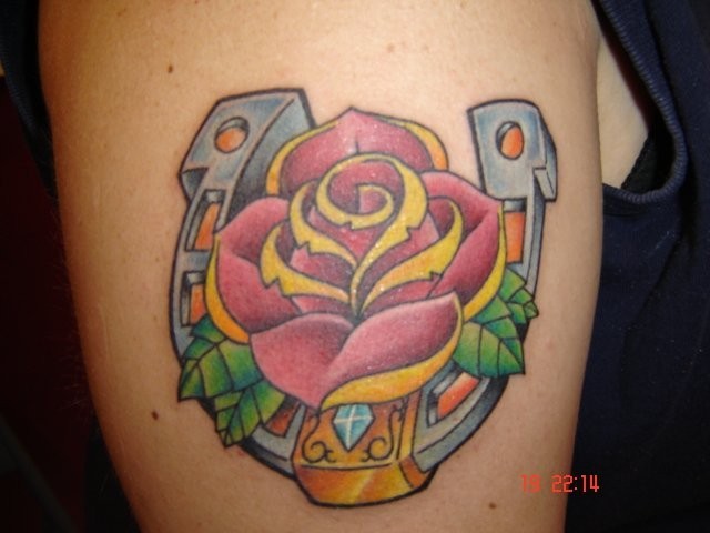 Pink Rose Flower And Horseshoe Tattoo