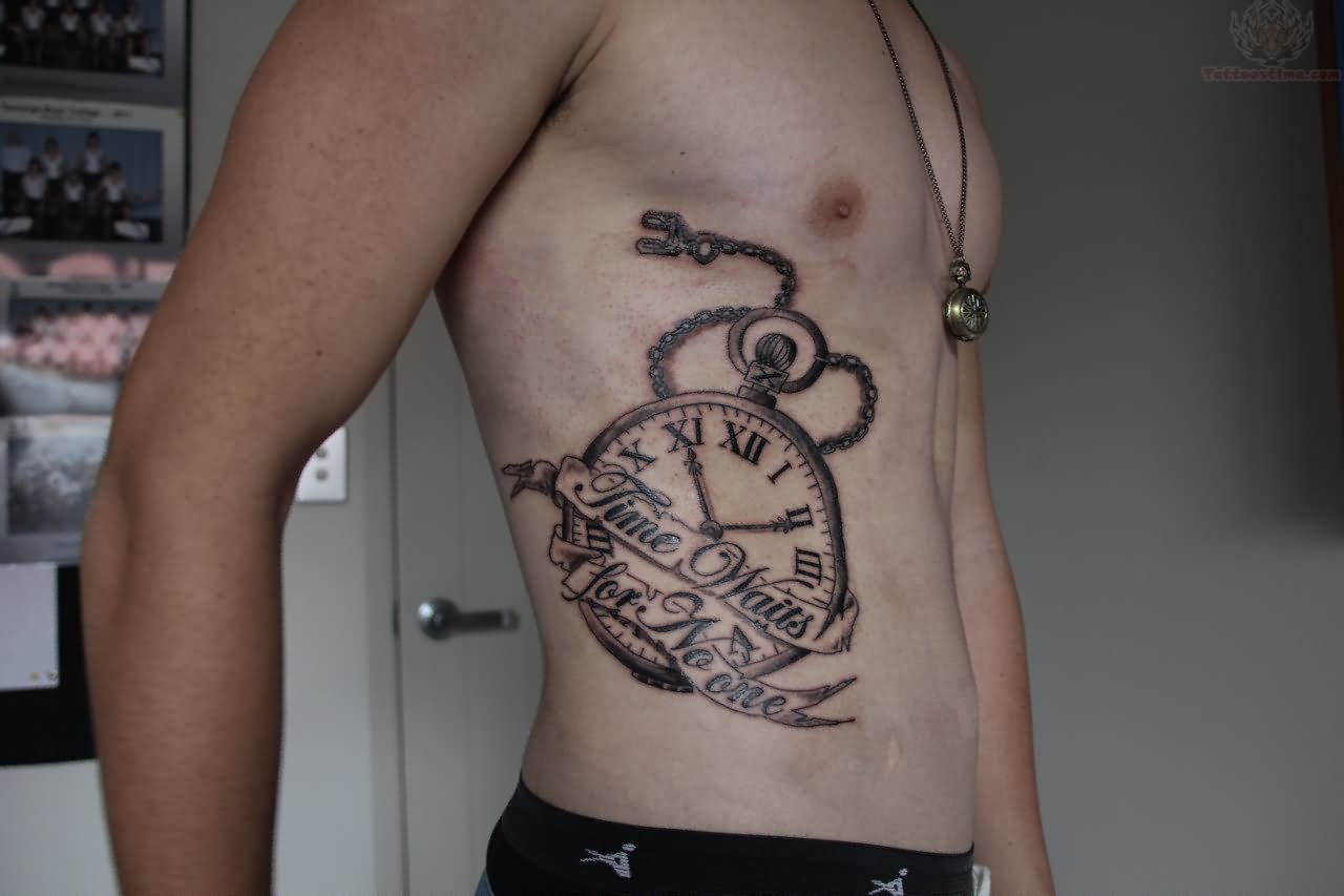 Pocket Watch With Banner Tattoo On Man Right Side Rib