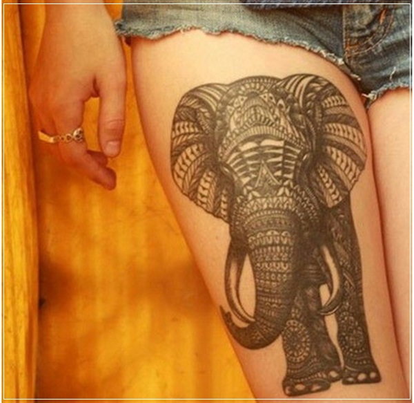Polynesian Indian Elephant Tattoo On Girl Thigh