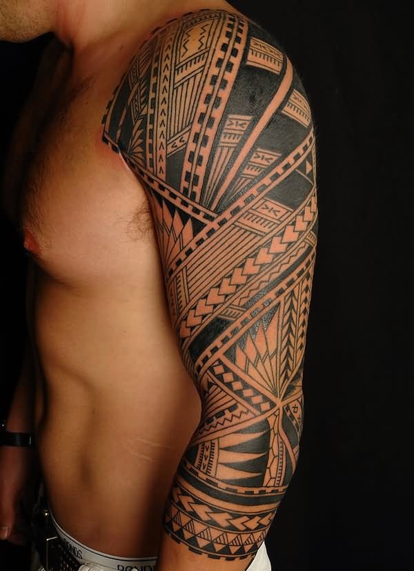 Polynesian Tribal Tattoo On Left Half Sleeve
