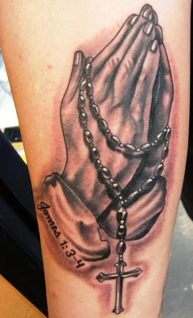 Praying Hand With Rosary Cross Tattoo Design For Forearm