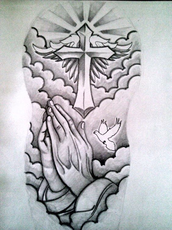 Praying Hands And Cross Half Sleeve Tattoo Design