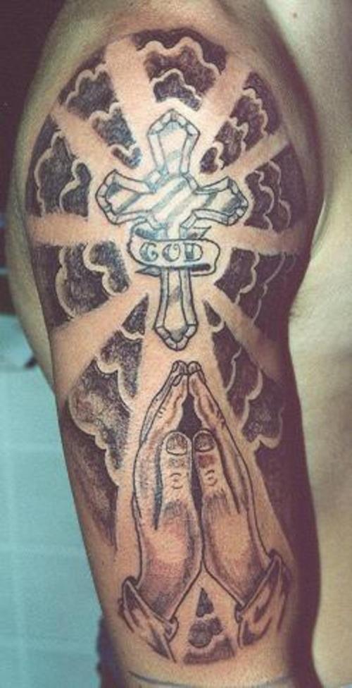 Praying Hands With Cross And God Banner Tattoo On Man Right Half Sleeve