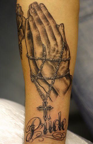 Pride - Praying Hand With Rosary Cross Tattoo On Forearm