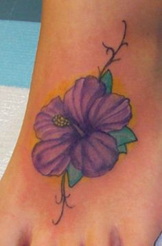 Purple Hibiscus Flower Tattoo On Foot
