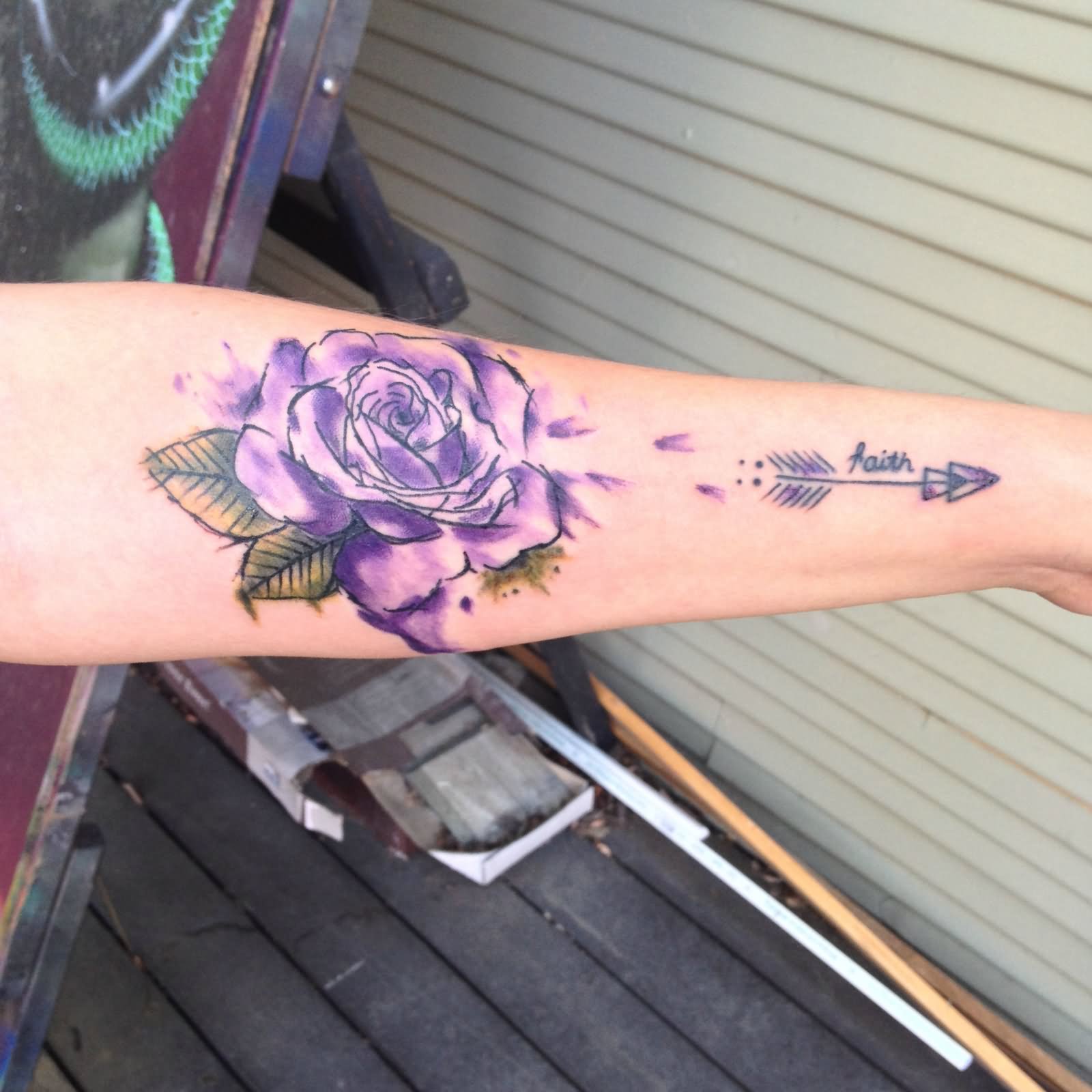 Purple Watercolor Rose Tattoo Design For Forearm