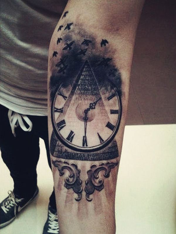 Pyramid With Clock Tattoo On Forearm