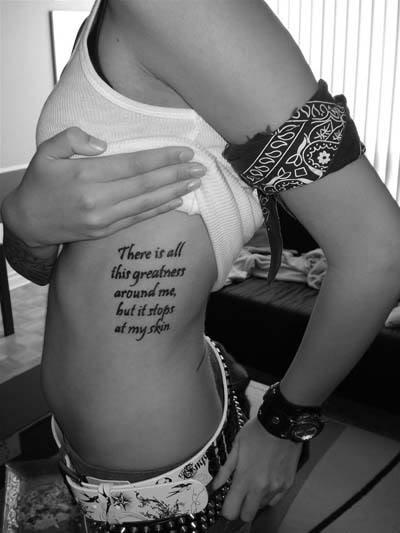 Quote Tattoo On Girl Left Side Rib