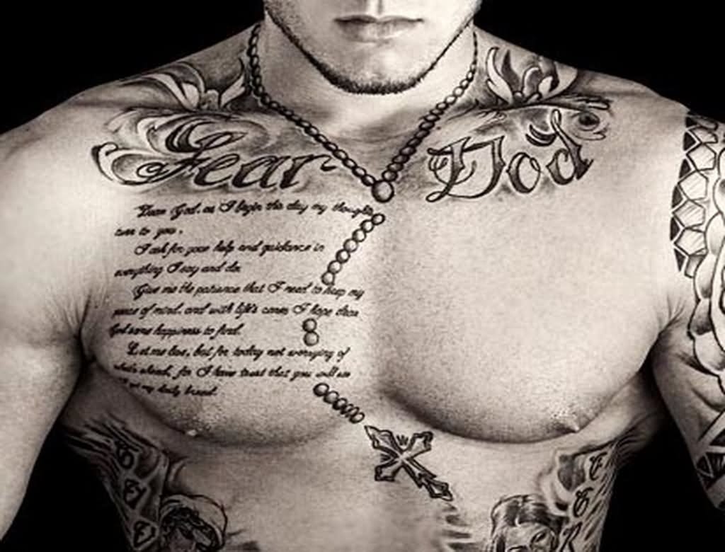 Quote With Rosary Cross Tattoo On Man Chest