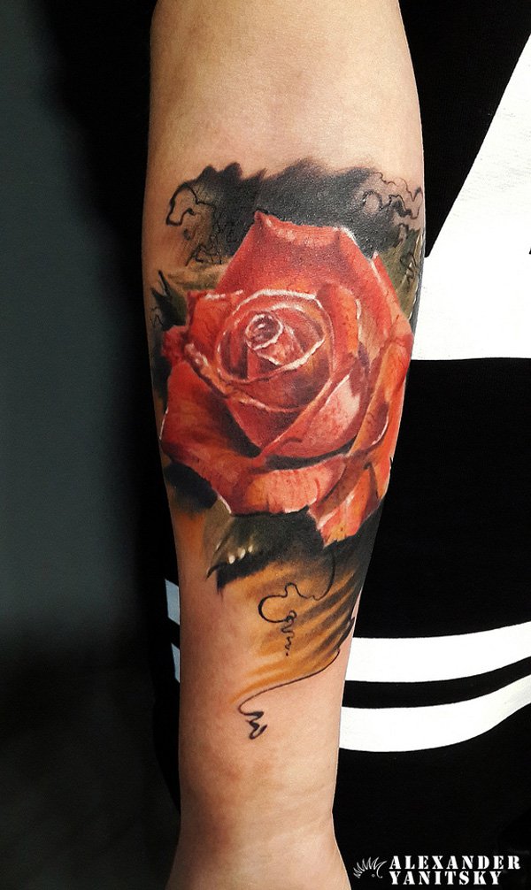 Realistic 3D Rose Tattoo On Forearm