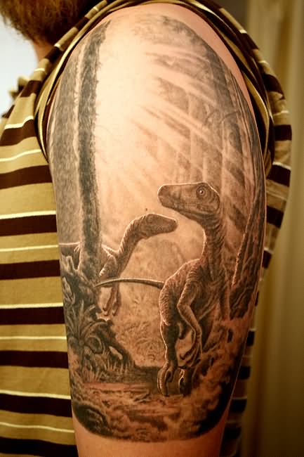 Realistic Grey Dinosaur Tattoo On Left Half Sleeve