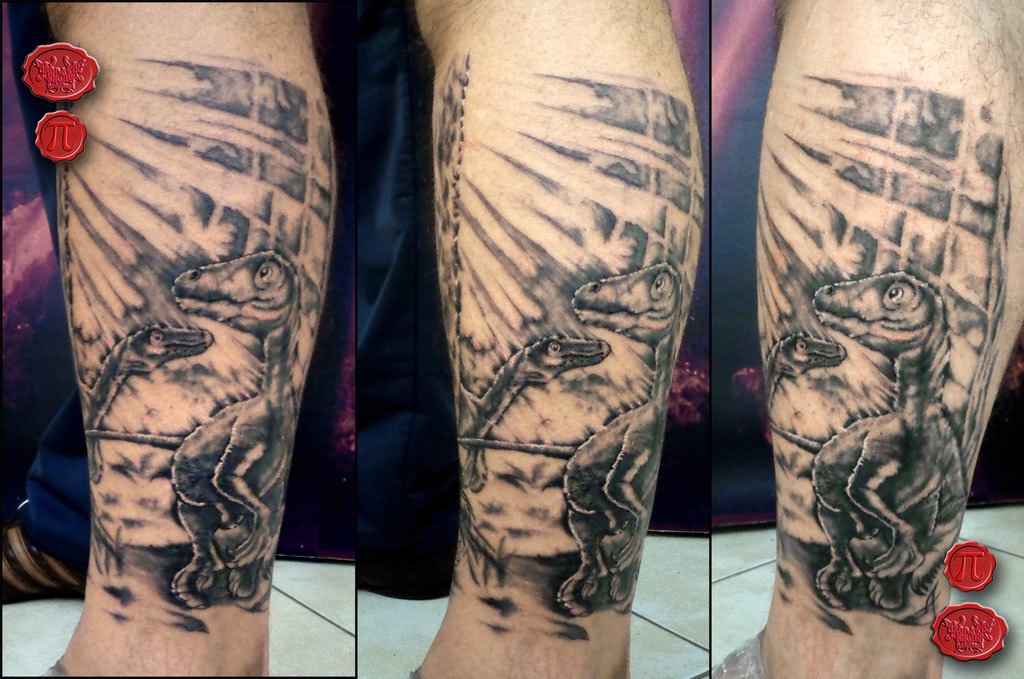 Realistic Grey Dinosaur Tattoo On Leg